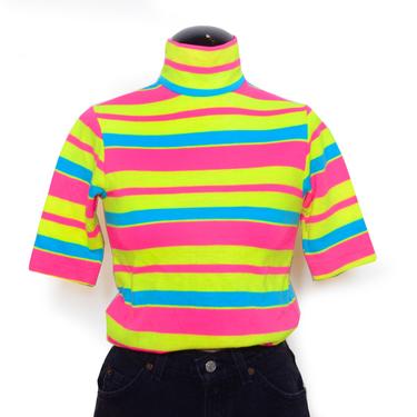 Vintage 70's NEON Stripe Mock Neck Shirt Sz S 