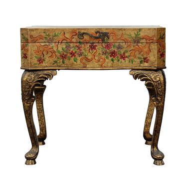 Chinese Oriental Beige Yellow Color Flower Graphic Side Table ws474S