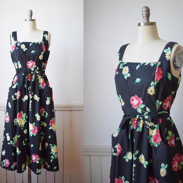 Vintage Rose Print Sun Dress | 1980s Dark Floral Cotton Fit and Flare Dress with Pockets | L 