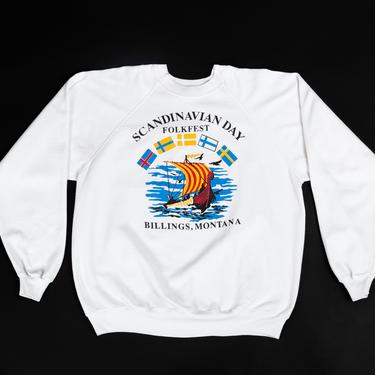 Vintage Scandinavian Day Folkfest Sweatshirt - XL to 2XL | 80s 90s White Billings Montana Tourist Graphic Pullover 
