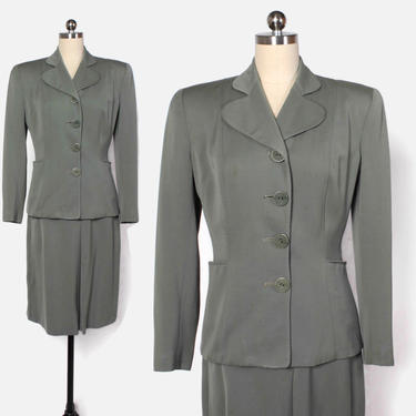 Vintage 40s Sage Gab SUIT / 1940s Tailored Green Wool Gabardine Blazer Jacket &amp; Pencil Skirt Set 