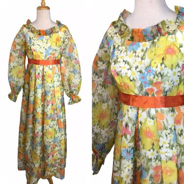 1970s Floral Explosion Garden Party Chiffon Dress Gown 