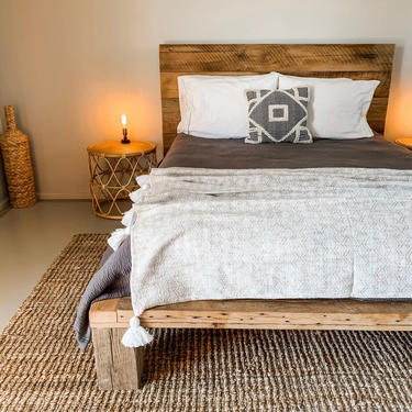 Contemporary Style Platform Bed Frame and Headboard from Reclaimed Wood - Boho Loft Style - Solid Wood Handmade in USA - The Desert Sun 