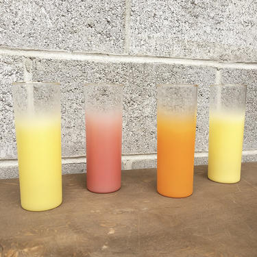 Vintage Blendo Highballs Glass Set Retro 1960s 4 Pieces + 2 Light Yellow + 1 Orange + 1 Blush Pink Drinking Glasses for MCM Kitchen + Bar 