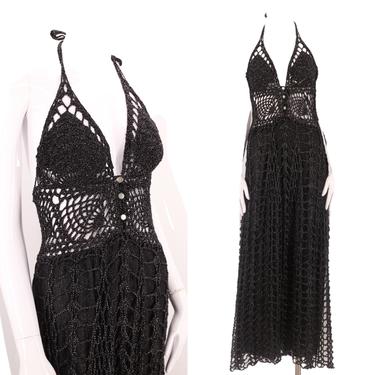 60s black glitter crochet dress M / vintage 1960s 70s form fitting mesh festival maxi dress halter gown 1970s 