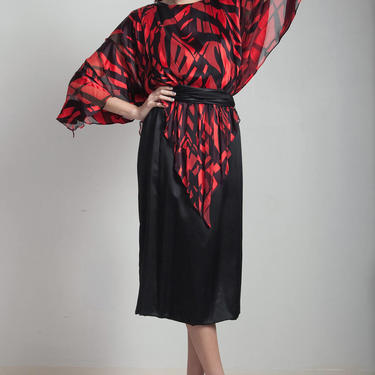 vintage 80s flowy red black dress sleeveless belted sheer scarf cape abstract print MEDIUM M 