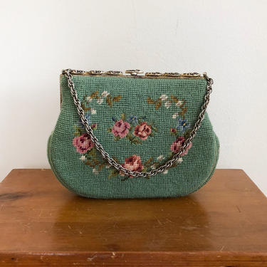 Pale Green and Pink Floral/Rose Needlepoint Handbag - 1960s 