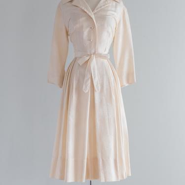 Beautiful 1950's Ivory Silk Shirtwaist Pleated Dress / ML