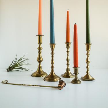 Vintage Brass Candlestick Set | Mixed Set of 5 with BONUS Candle Snuffer | Graduating Heights Brass Candle Holders | Brass Candleholders 