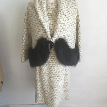 Rare 60's Tweed 2pc Dress With Fur Trim Jacket 