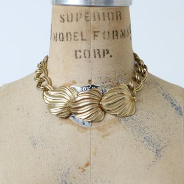 vintage 1990s does 1940s bold statement necklace • bright gold oversized leaves &amp; thick chain 