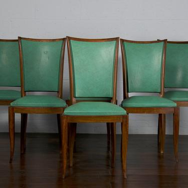 1930s Set of 6 French Art Deco Maple Green Vinyl Dining Chairs 