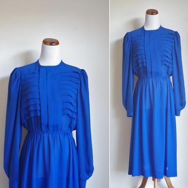 Vintage Cobalt Blue Dress, 80s Dress, Sheer Dress, Long Sleeve Dress, Pleated Dress, Medium Large 