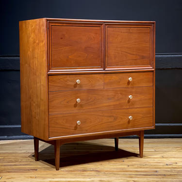 Drexel Declaration Walnut Highboy Dresser Armoire Vanity by Kipp Stewart - Mid Century Modern Danish Style Furniture 