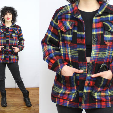Vintage 70's Wool Plaid Flannel / 1970's Thick Flannel with Pockets / Wool Shirt / Dark Plaid Winter Shirt / Blouse / Women's Size Small by Ru