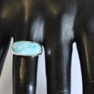 Simple 90's larimar sterling size 7.5 handcrafted oval solitaire, handsome cloudy blue stone cab 925 silver geometric ring 