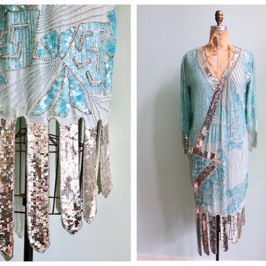 Vintage 20's Inspired Turquoise Sequin Fringe Dress | Size Medium 