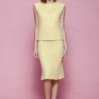 eyelet crochet knit dress 2-piece sleeveless pale yellow vintage 60s MEDIUM M 