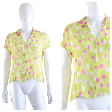 1990s / Y2k Sheer Chartreuse Blouse with Pink Polka Dots - 90s Sheer Blouse - Y2k Sheer Blouse - Vintage Polka Dot Blouse | Size Extra Large 