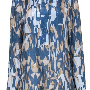 Lafayette 148 - Teal & Gold Abstract Silk Blouse Sz L
