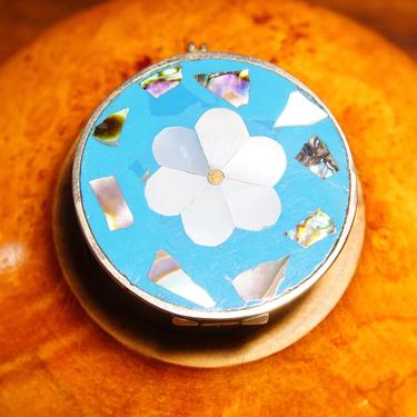 Vintage ALPACA Silver Shell Inlay Flower Trinket Box, Mother Of Pearl & Abalone Fragments, Blue Enamel Lid, Small Round Pill Box, 1 1/2&quot; W 