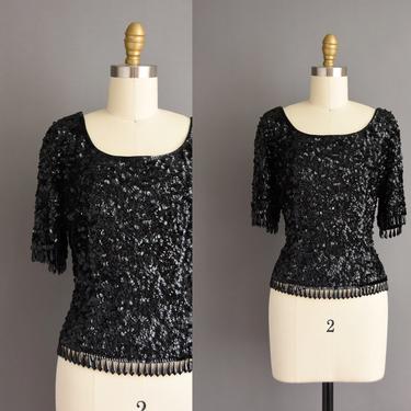 50s vintage blouse - black full sequin beaded cocktail party top - Size Small Medium - vintage 1950s blouse 