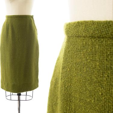 Vintage 1960s Pencil Skirt | 60s Olive Green Wool High Waisted Secretary Work Skirt (x-small/small) 