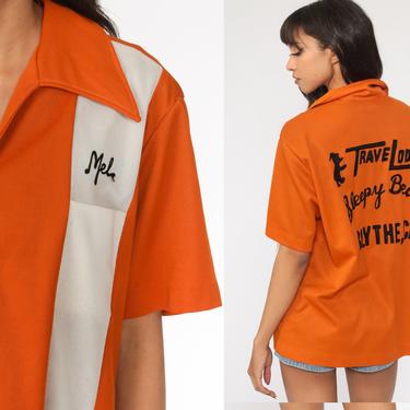 Travelodge Uniform Shirt 70s Blythe California Half Button Up Bowl Shirt 1970s Mel Name Tee Vintage Large xl l 