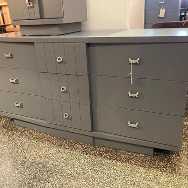Gray painted mid century dresser by the J.B. VanSciver Co. 9 drawers 60” x 19” x 30”