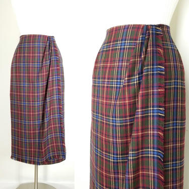 Vintage 90s Fringed Plaid Wool Maxi Skirt ~ Draped Faux Wrap Style ~ Dark Red Tartan Plaid ~ Back Center Zip ~ Fully Lined ~ Curvy Fit ~ S/M 