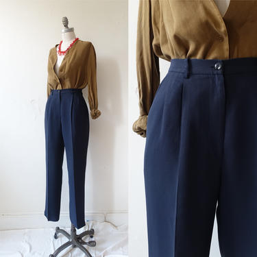 Vintage 90s Navy Blue Trousers/ 1990s High Waisted Straight Leg Pleated Pants/ Size Small 27 
