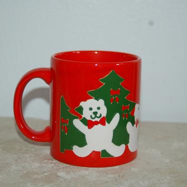 Beautiful Waechtersbach West German Red Christmas White Teddy Bears w/ Red Bow-ties & Christmas Trees Mug ~ Christmas Morning Hot Coco Mug 