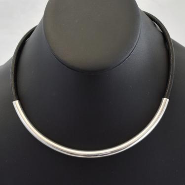 Edgy 80's Taxco sterling &amp; rubber hippie rocker choker, Mexico TH-40 925 silver bar on black rubber Modernist biker necklace 