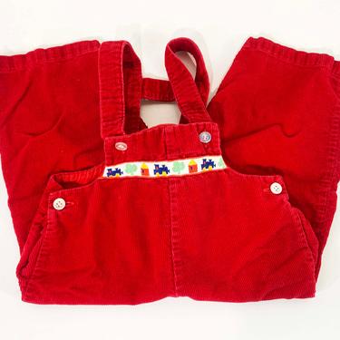Vintage Kids 18Mo Corduroy Red Heath-Tex Stantogs Overalls Trains Outfit Kid Babies Baby Toddlers Toddler Childrens Pants Straps 1950 1960s 