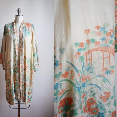 Antique Silk Pongee Robe | 1920s Japanese Natural Silk Robe with Floral / Garden Print | OS 
