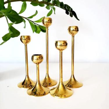 Vintage Modern Solid Brass Graduated Height Orb Candleholder Set 