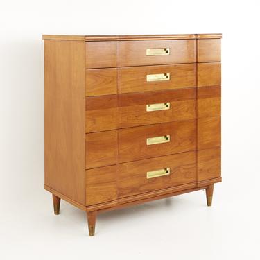 John Widdicomb Mid Century Walnut and Brass 5 Drawer Highboy Dresser  - mcm 