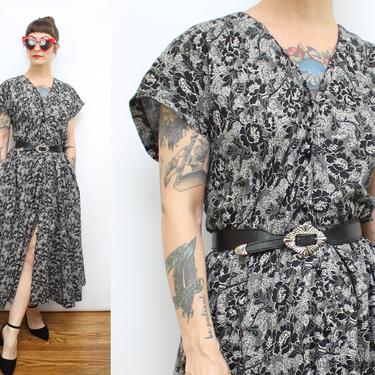 Vintage 80's 90's Black Floral Summer Midi Dress / 1980's Dress with Pockets / Spring Summer / Cotton Dress / Women's Size Medium - Large by Ru