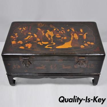 Oriental Figural Lacquered Chest Trunk on Base Coffee Table Storage