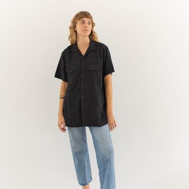 Vintage Black Short Sleeve Shirt | Microwaffle Overdye Flap Pocket Simple Cotton Work Blouse | L | 