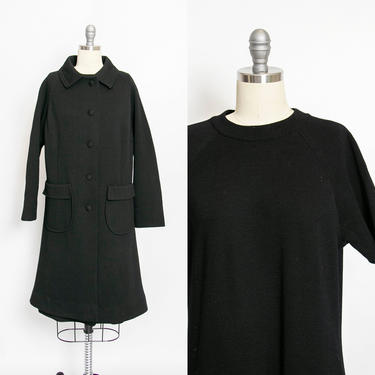 Vintage 1960s Ensemble Dress Jacket Set Black Wool Knit 60s Medium M 