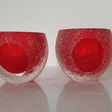 Italian Madruzatto Sommerso Cherry Red &amp; Clear Textured Art Murano Glass Vases- a Pair 