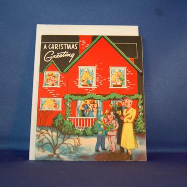 1940's Unused Christmas Greetings Card ~ Christmas Party, 2 Story Brick House w/ Family Activities in Each Window + Family Caroling Outside 