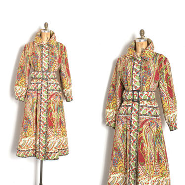 Vintage 1970s Jacket / 70s Bill Blass for Bond Street Tapestry Print Trench Coat / Red Green Blue ( M L ) 