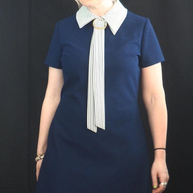 70's Navy Blue Stewardess Dress/Large Collar/ Vintage Mod Dress/Twiggy/Madmen/Costume 
