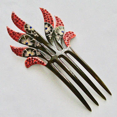 Art Deco Red Rhinestone Abstract Flower Hair Comb,  Antique Asymmetric Floral Celluloid Comb, Vintage Hair Comb, Hair Ornament 