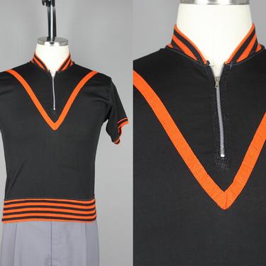 1940s Quarter Zip Jersey | Vintage 40s Black & Orange Short Sleeved Shirt | small 