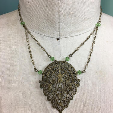 1930s style necklace, vintage necklace, 90s does 30s, lariat style, brass filigree, Victorian style, green glass beads, Art Deco style 