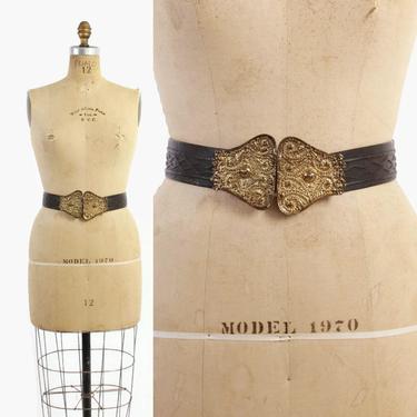 Vintage 60s OSCAR de la RENTA Leather BELT / 1960s Dark Brown with Ethnic Gold Buckle Designer Belt 
