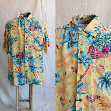 Vintage 90s Rayon Hawaiian Shirt/ 1990s GAP Surfer Palm Tree Hawaii/ Loop Collar/ Size Large 